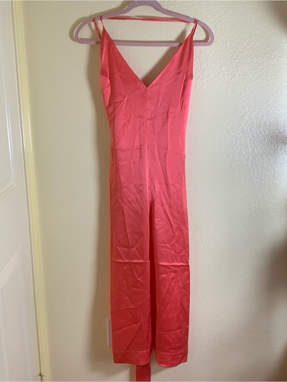 NWOT La Boheme Coral Pink V-Neck Satin Jumpsuit